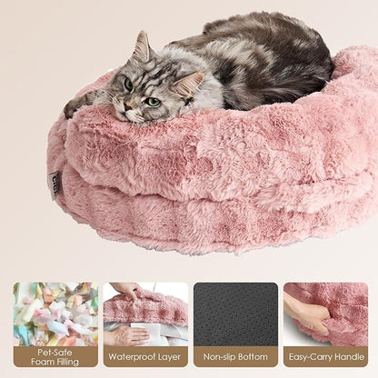 EHEYCIGA Medium Dog Bed and Large Cat Couch – Fluffy Faux Rabbit Fur Pet Sofa for Small and Medium Dogs, Washable Removable Cover, Waterproof and Non-Slip, 30 Inch, Pink