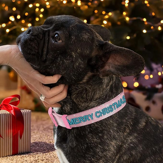 Pawtitas Personalized Dog Collar Dog Soft Adjustable Puppy Collar Customizable Embroidered add Pet Name Phone Number or Phrase Extra Small Pink Snowflakes