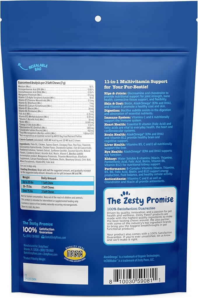 Zesty Paws Senior Dog Multivitamin Treats - Glucosamine for Dogs + Digestive Enzymes & Probiotics - Grain Free Dog Vitamins and Supplements for Skin & Coat + Immune Health Chicken - Advanced - 60ct