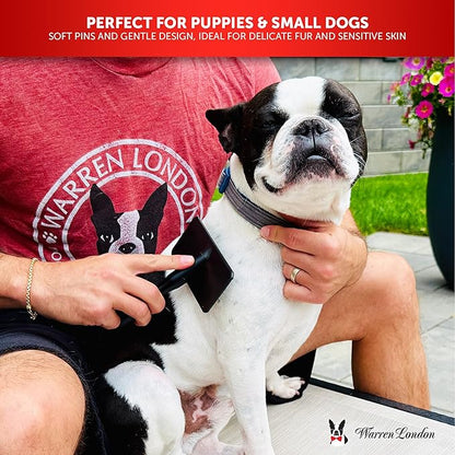 Warren London Gentle Touch Slicker Brush for Puppies & Small Dogs – 4" x 2" Soft Pin Grooming Brush – Tangle Remover for Sensitive Skin – Compact, Lightweight & Easy to Use