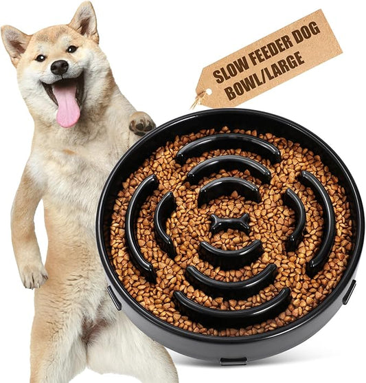 WHIPPY Large Slow Feeder Dog Bowls for Large Medium Dogs Anti-Chocking Slow Feeding Maze Dog Food Bowl Slow Eating Interactive Bloat Stop Puzzle Bowl,Black