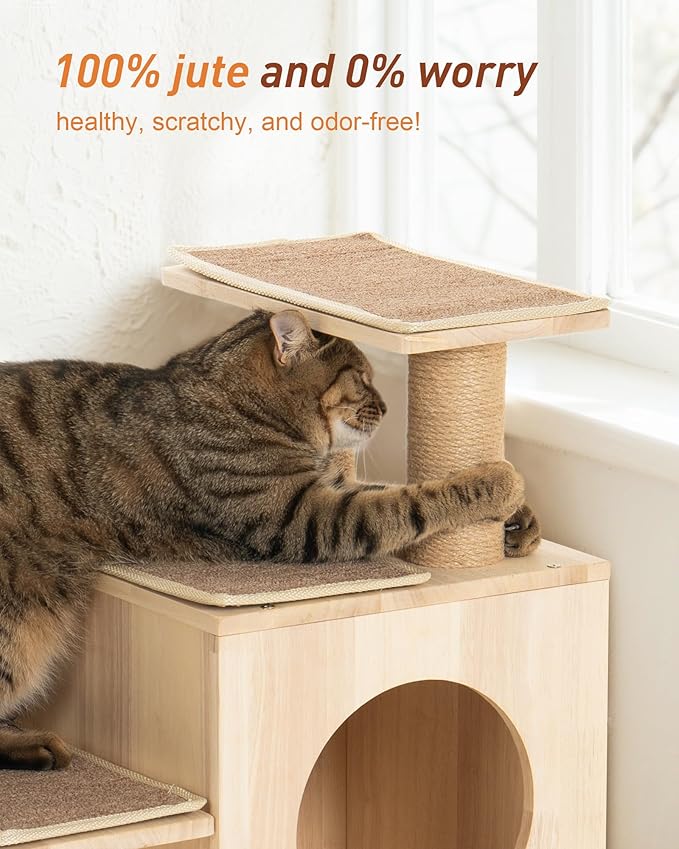 3-in-1 Pet Stairs for Cats, 6.3" Depth Pet Steps for Cat, Wood Cat Stairs for High Bed and Sofa, 1 Condo Cave, Scratching Post, Sturdy Indoor Pet Stairs with Non-Slip Carpet Pads