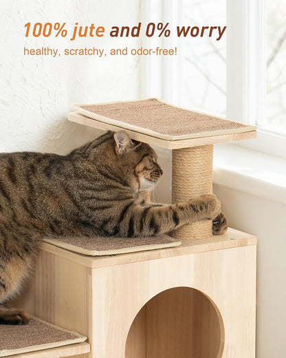 3-in-1 Pet Stairs for Cats, 6.3" Depth Pet Steps for Cat, Wood Cat Stairs for High Bed and Sofa, 1 Condo Cave, Scratching Post, Sturdy Indoor Pet Stairs with Non-Slip Carpet Pads