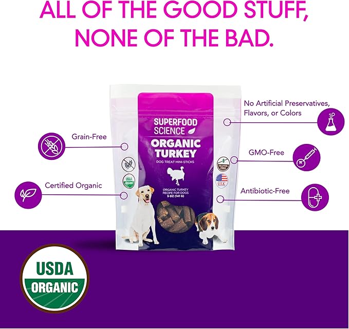 Organic Dog Treats for Small, Medium & Large Dogs – All-Natural Turkey Training Treats for Puppies & Adult Dogs, Grain-Free, Hypoallergenic, Healthy, Low-Calorie, Semi-Soft Chews, Made in USA, 5 oz