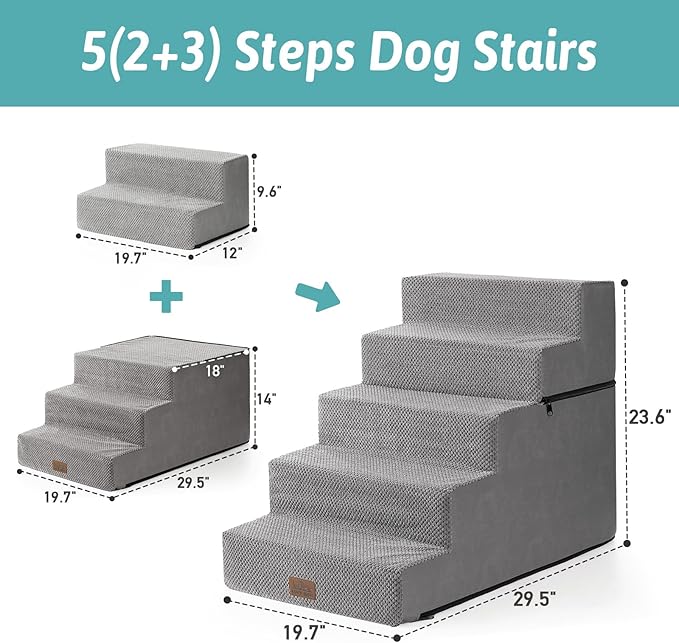 CCOZY KISS Dog Stairs for Small Dogs, 5 Tier Removable Wider Pet Stairs for Couch and Bed, 23.6" H Non-Slip Dog Steps for Puppies and Old Cats with Support Board, 19.7x29.5x23.6 inch, Grey