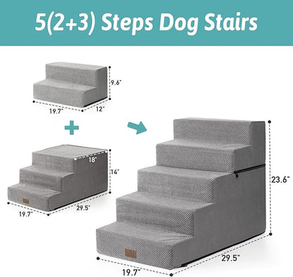 CCOZY KISS Dog Stairs for Small Dogs, 5 Tier Removable Wider Pet Stairs for Couch and Bed, 23.6" H Non-Slip Dog Steps for Puppies and Old Cats with Support Board, 19.7x29.5x23.6 inch, Grey