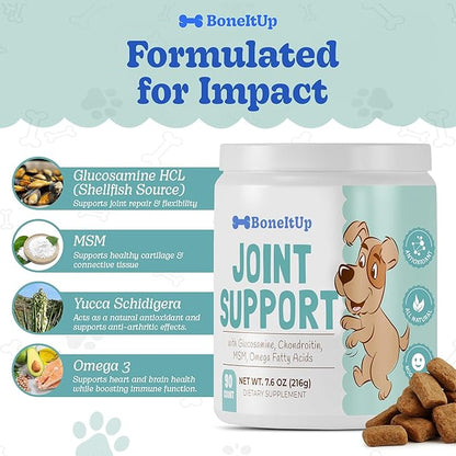 BoneItUp Soft Dog Joint Support Supplement Chews for Aging, Large & Overweight Pets - Glucosamine, Chondroitin, MSM & Omega - Advanced Hip & Joint Supplement for Dogs - Pet Bone Support Treats (90 Ct)