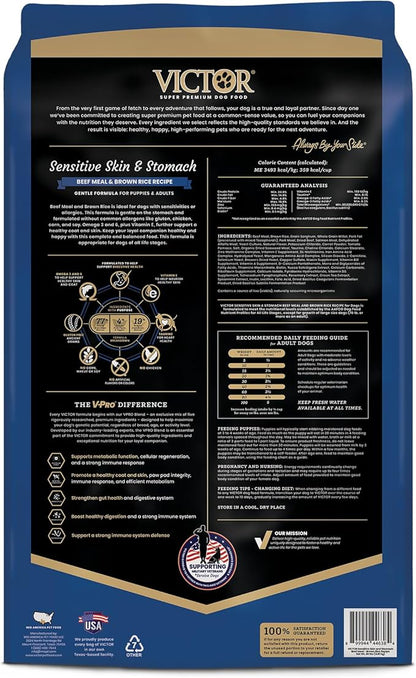 VICTOR Super Premium Dog Food — Sensitive Skin and Stomach — Beef Meal & Brown Rice Recipe Dry Kibble — Gluten Free, No Chicken, Ideal for Dogs with Allergies — Adult and Puppy Food, 15 lb