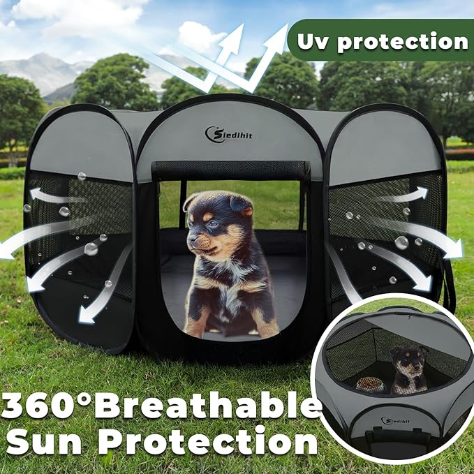 Dark Grey Dog Cat Playpen, Puppy Pet Playpen, Small Dogs Tent Crates Cage Indoor/Outdoor, Portable Pop Up Dog Kennel Playpen with Carrying Case for Dogs/Cats/Rabbits