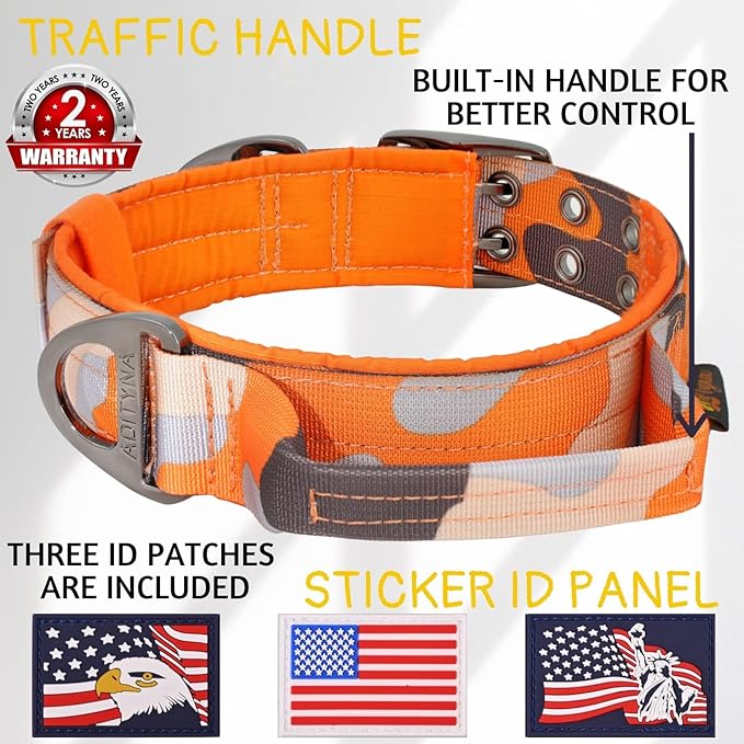 ADITYNA Heavy Duty Dog Collar for Large Dogs - Camo Orange Collar with Handle for Training, and Walking - Wide, Thick, Tactical, Soft Neoprene Padded