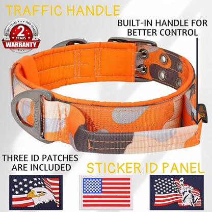 ADITYNA Heavy Duty Dog Collar for Large Dogs - Camo Orange Collar with Handle for Training, and Walking - Wide, Thick, Tactical, Soft Neoprene Padded