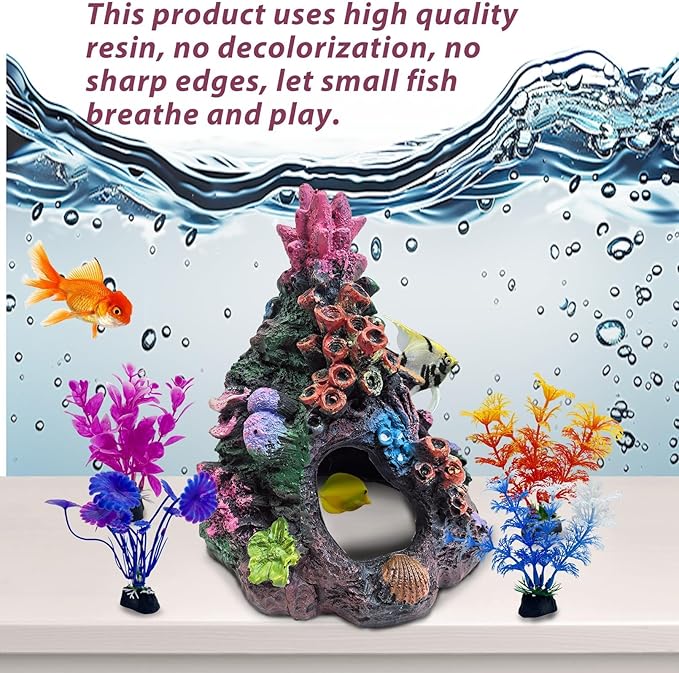 PINVNBY 5 PCS Colorful Coral Fish Tank Decorations, Resin Mountain Ornament and Artificial Plastic Plant for Goldfish Betta Fish Cave Hideout Sleep Rest Play Breed