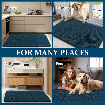 OLANLY Dog Door Mat for Muddy Paws 40x32, Absorbs Moisture and Dirt, Absorbent Non-Slip Washable Doormat, Quick Dry Chenille Mud Mat, Entry Indoor Entryway Carpet for Inside Floor, Atlantic Blue