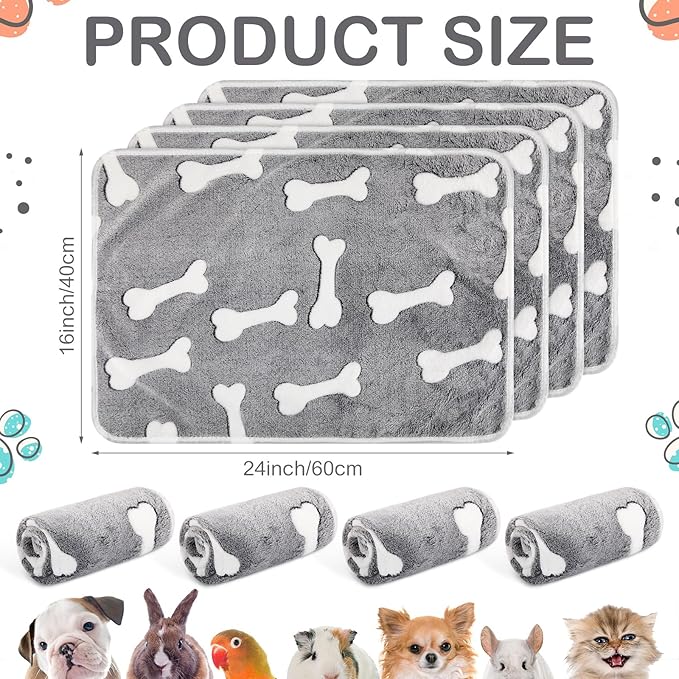 Reginary 4 Pcs Waterproof Guinea Pig Blankets Washable Small Animal Fleece Bedding Guinea Pig Cage Liners Reusable Training Pads Pet Pee Pad Sleep Mat for Hamster(Gray Bones,24 x 16 Inch)