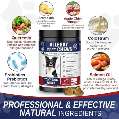 Dog Allergy Chews 200 Treats, Dog Allergy and Itching Skin Relief Bites Immune Support Dogs Probiotics for Yeast, Itchy Skin and Itchy Ears Anti Itch Licking Paws Treatment for Dogs Seasonal Allergies