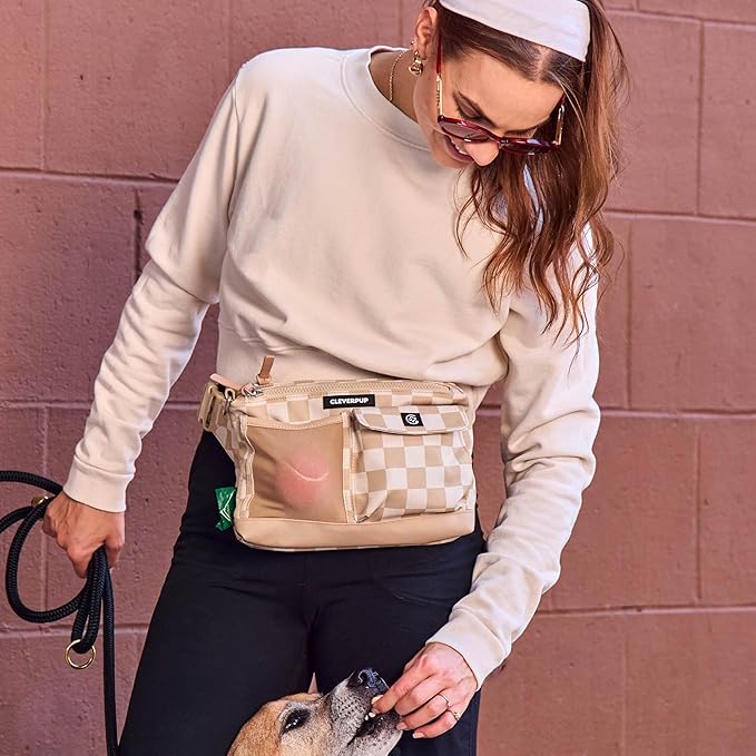 Dog Walk & Train Sling Bag - Hands-Free 2-In-1 Treat Pouch, Poop Bag Holder, Clicker, Phone Pocket - Crossbody/Fanny Pack, Adjustable Strap - Checkerboard