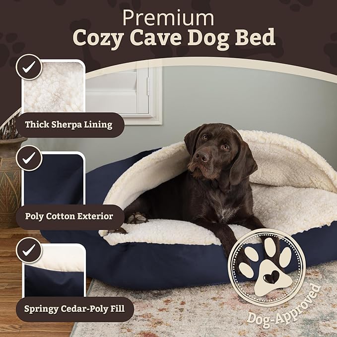 Snoozer Rectangle Cozy Cave Dog Bed - Indoor Dog Bed with Cover Cave, Covered Calming Burrow for Large Sized Pets with Blanket Attached, Enclosed, Washable Cover - XL, Navy