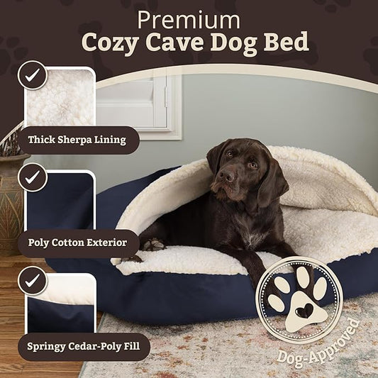 Snoozer Rectangle Cozy Cave Dog Bed - Indoor Dog Bed with Cover Cave, Covered Calming Burrow for Large Sized Pets with Blanket Attached, Enclosed, Washable Cover - XL, Navy