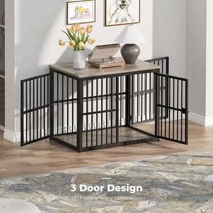Lyromix 33'' Dog Crate Furniture with 3 Doors,Wooden Crate End Table Heavy Duty Indoor Puppy Cage for Small to Medium Dogs, Multiple Units Can be Combined, Grey