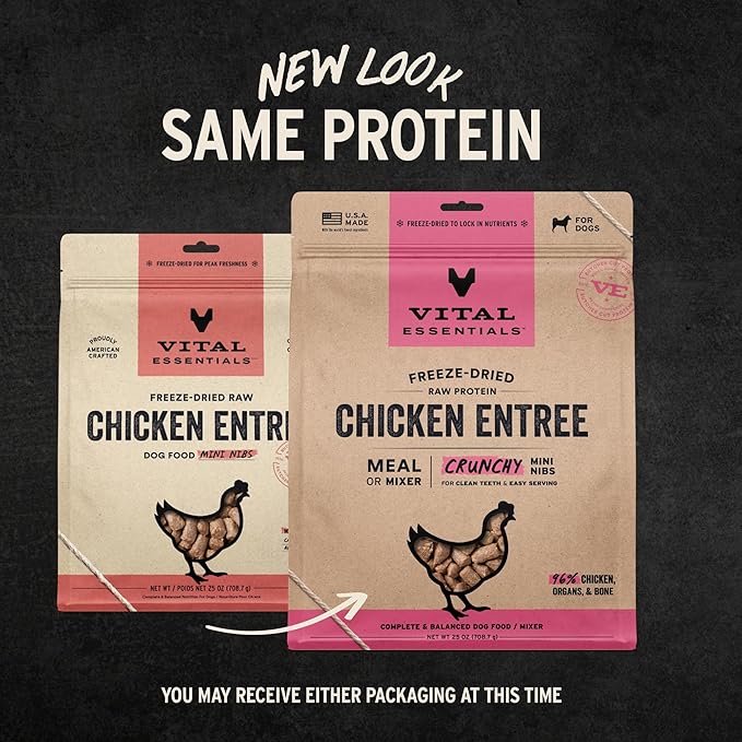 Vital Essentials Freeze-Dried Raw Chicken Crunchy Mini Nibs | Complete Meal or Mixer Dog Food | 25 oz