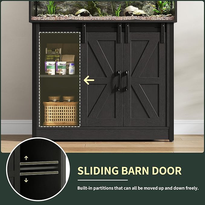 Herture 40 Gallon Reptile Terrarium with Stand, Reptile Tank with Barn Door and Storage, Vivarium with Acrylic Doors, Ventilated Mesh Top & Power Outlet, for Geckos, Lizards, Snakes Black PX06RTB