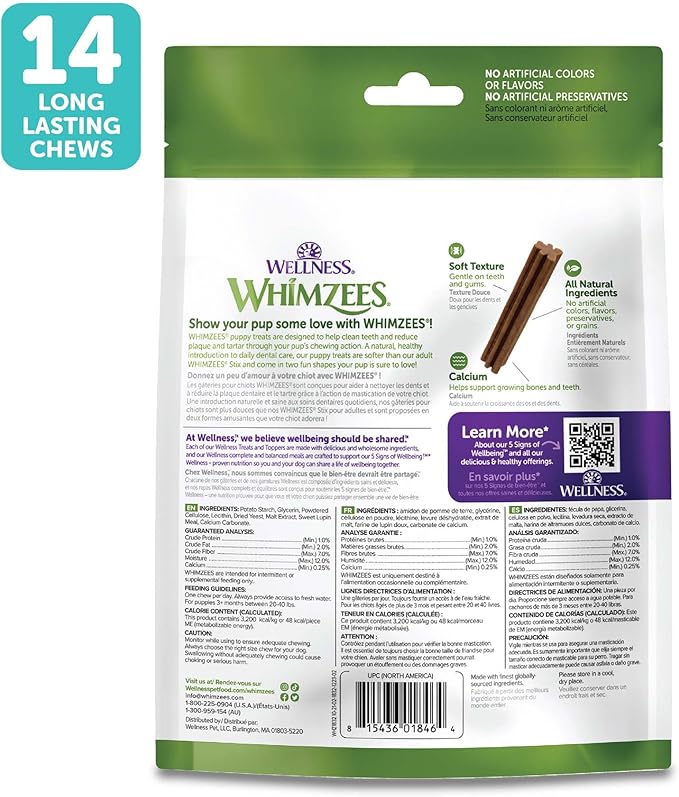 WHIMZEES Wellness Puppy Dog Dental Treats, Natural Chews, Medium & Large Size Stick, (14 Count)