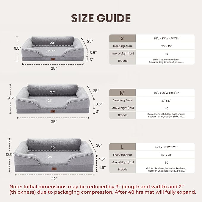 XL Orthopedic Dog Beds for Large Dogs, Waterproof Egg-Crate Foam Pet Couch Bed with Soft Sides, Non-Slip Dog Sofa with Fleece Removable Washable Cover, 42" L Supportive Pet Sofa, Light Grey