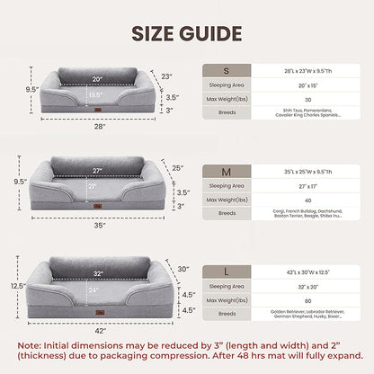 XL Orthopedic Dog Beds for Large Dogs, Waterproof Egg-Crate Foam Pet Couch Bed with Soft Sides, Non-Slip Dog Sofa with Fleece Removable Washable Cover, 42" L Supportive Pet Sofa, Light Grey