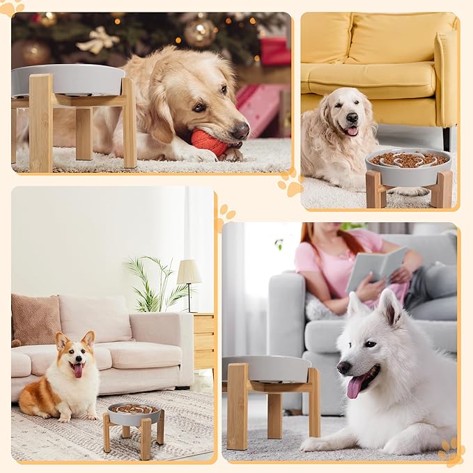 Elevated Slow Feeder Dog Bowl - Puzzle Maze Dish with Bamboo Stand - Raised Ceramic Food Bowl for Medium and Large Dogs - Grey - 8.8 inch