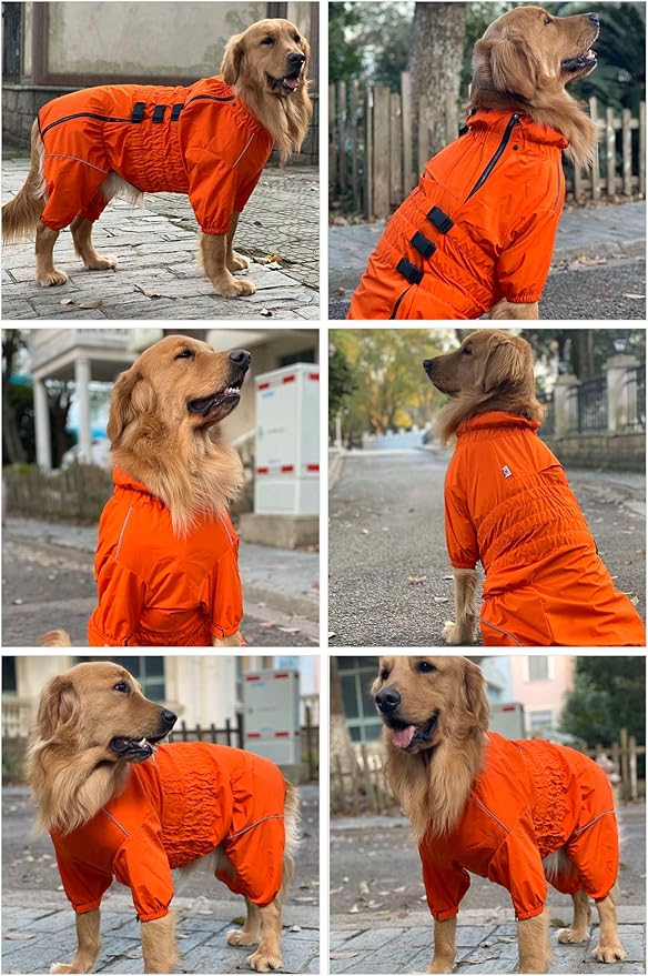 Dogs Waterproof Jacket, Lightweight Waterproof Jacket Reflective Safety Dog Raincoat Windproof Snow-Proof Dog Vest for Small Medium Large Dogs Orange 5XL