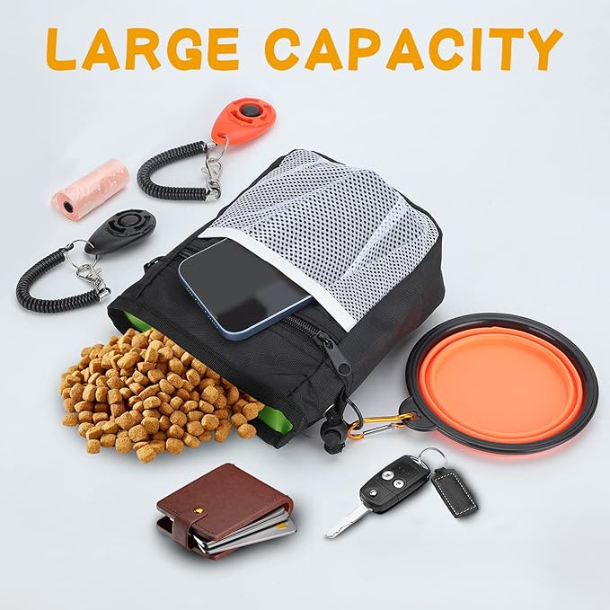 Dog Treat Pouch, 3 Ways to Wear Treat Pouches for Pet Training, Dog Training Treat Pouch with Waist Belt Shoulder Strap, Poop Bag, Collapsible Bowl, Dog Training Clicker