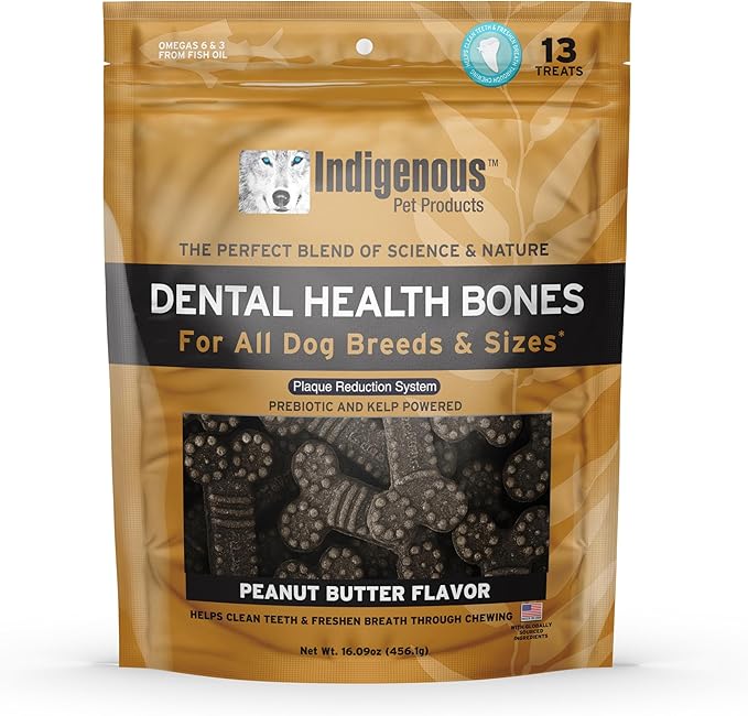 Indigenous Pet Dental Health Bones Regular – Peanut Butter (17 Ounce) | Grain-Free Dog Chews with Prebiotics & Omegas | Freshens Breath, Supports Digestive, Skin & Coat Health |