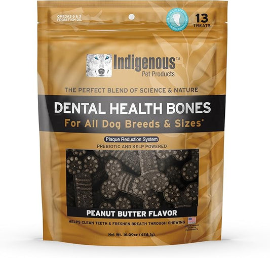 Indigenous Pet Dental Health Bones Regular – Peanut Butter (17 Ounce) | Grain-Free Dog Chews with Prebiotics & Omegas | Freshens Breath, Supports Digestive, Skin & Coat Health |