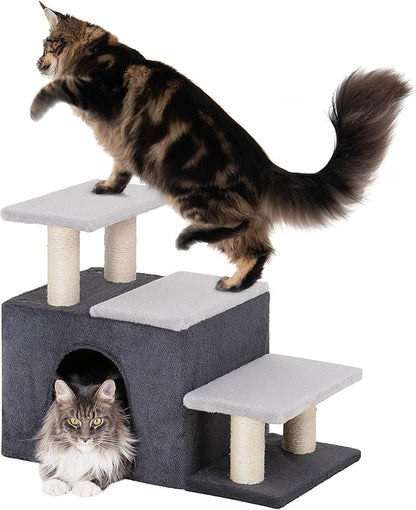 3-in-1 Pet Stairs for Cats, Dog Steps for Small Doggie,7.8'' Depth Cat Stairs,Indoor Cat Steps for High Bed for Pet's Joints, Soft Plush, 1 Big Cat Condo Cave, Sisal Scratching Posts, Grey, Large