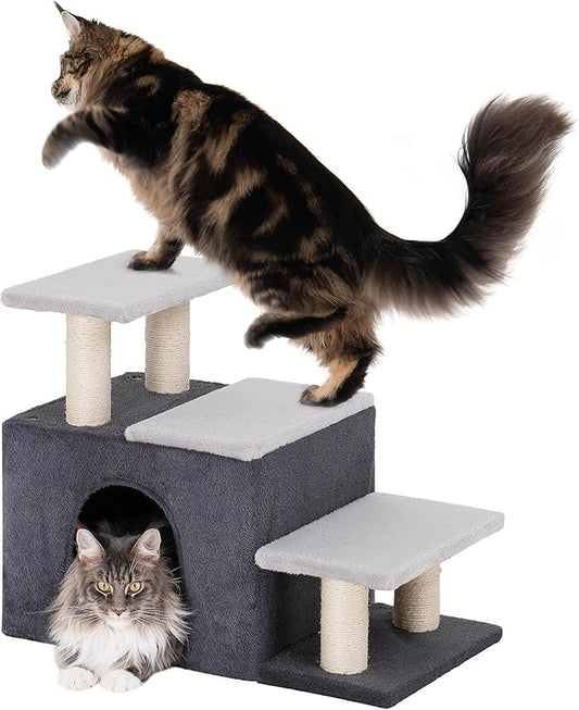 3-in-1 Pet Stairs for Cats, Dog Steps for Small Doggie,7.8'' Depth Cat Stairs,Indoor Cat Steps for High Bed for Pet's Joints, Soft Plush, 1 Big Cat Condo Cave, Sisal Scratching Posts, Grey, Large