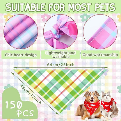 Huhumy 150 Pcs Spring Dog Bandanas Bulk Pet Bibs Colorful Triangle Scarf Pet Bandanas for Medium Large Dogs Spring Summer Birthday Costume Decoration