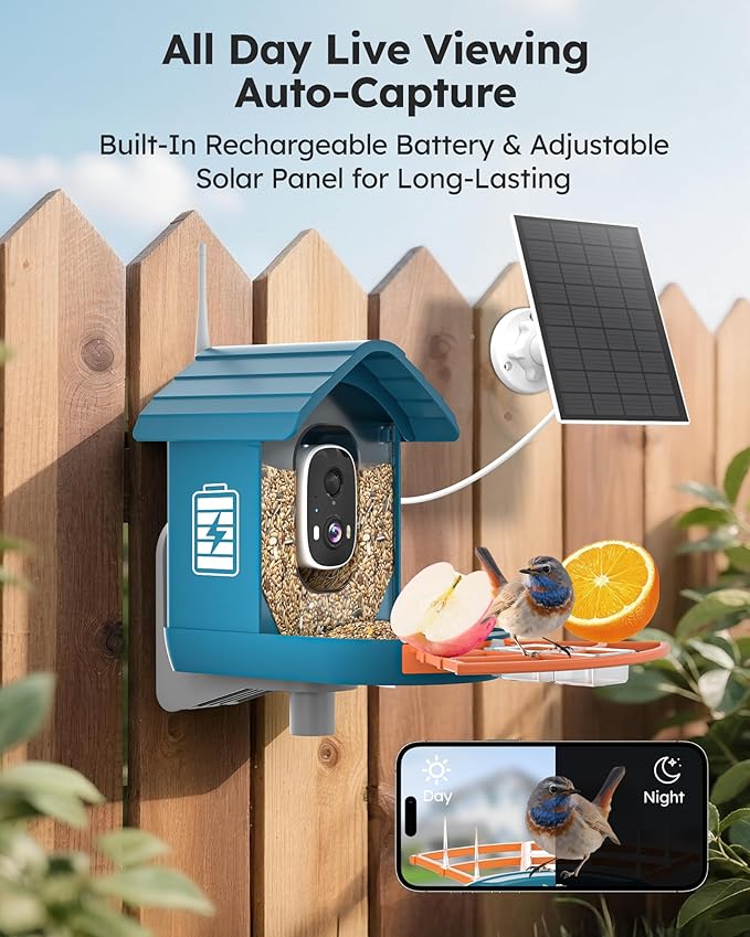Smart Bird Feeder with Camera Solar Powered for Outdoors 2K FHD AI Recognition Hanging Bird Feeder Camera for Outside Backyard Garden, Gifts for Birdlover Mom Dad Kid (Deep Blue and Orange)