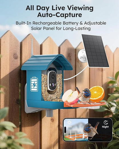 Smart Bird Feeder with Camera Solar Powered for Outdoors 2K FHD AI Recognition Hanging Bird Feeder Camera for Outside Backyard Garden, Gifts for Birdlover Mom Dad Kid (Deep Blue and Orange)