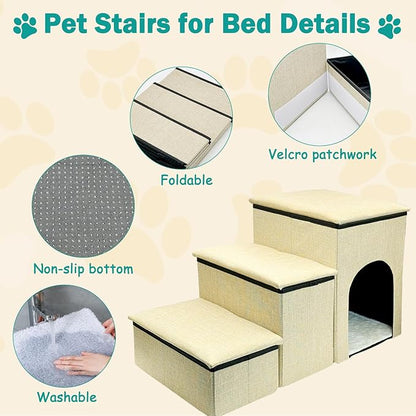 Fhiny Dog Stairs with Storage, 3-Steps Foldable Pet Stairs for Small Dogs Non-Slip Puppy Steps with Condo for High Bed & Couch Dog Ramp for Old Dogs and Cats, Holding up to 160 lbs Pets (Khaki)