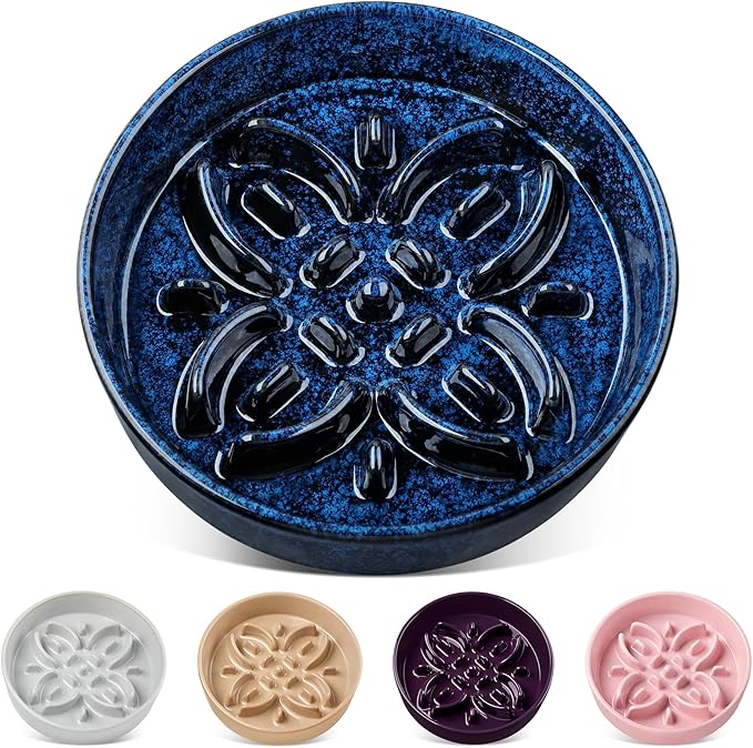 vancasso Ceramic Slow Feeder Dog Bowls, Puzzle Dog Food Bowls with Floral Maze, Anti -Slip Pet Food Dish for Medium Breed, 1.5 Cups, Blue