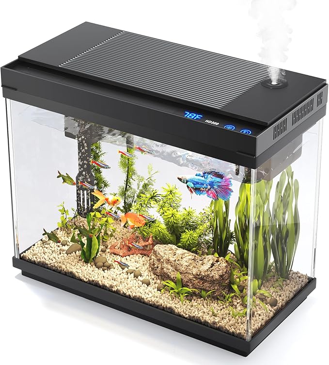 Vehipa Fish Tank, 2.4 Gallon Fish Aquarium, Fish Tank Starter kit with Smart Humidifier, Temperature Display, 7-Color Lighting, 3 in 1 Quiet Pump with Filteration & Oxygenation & Circulation