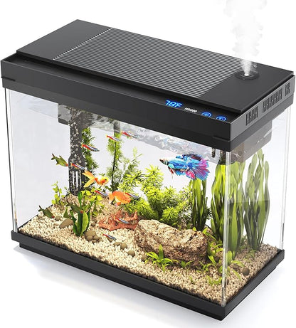 Vehipa Fish Tank, 2.4 Gallon Fish Aquarium, Fish Tank Starter kit with Smart Humidifier, Temperature Display, 7-Color Lighting, 3 in 1 Quiet Pump with Filteration & Oxygenation & Circulation
