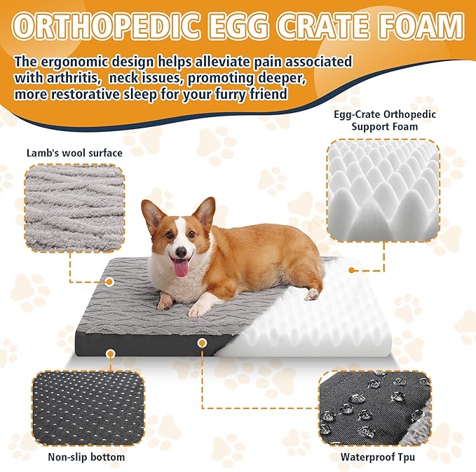 XXL Dog Crate Bed - Soft Fluffy Memory Foam Dog Bed with Anti-Slip Bottom, Machine Washable Pet Bed for Extra Large Dogs (47"x29"x4", Grey)