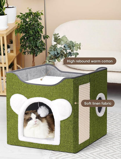 Cat Houses for Indoor Cats, Large Cat Cave with Fluffy Ball and Scratch Pad, Covered Cat Bed House, Foldable Cat Hideaway (Green)
