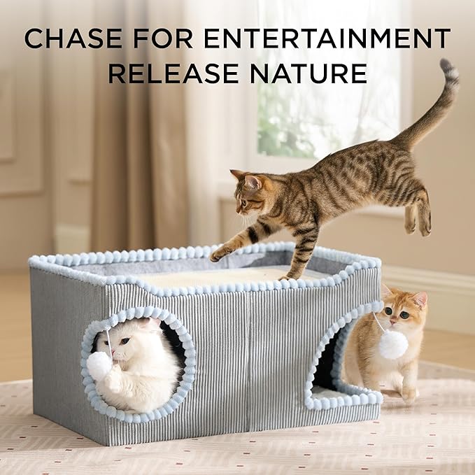 Bedsure Large Cat Beds for Indoor Cats - Extra Wide Cat House with Scratch Removable Top Sisal Pad for Multi Cats, Foldable Cave Hideaway for Entertainment, 23.6x15.9x12.6inches, Grey