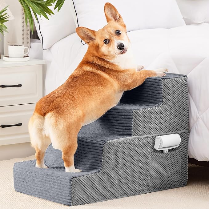 HYLEORY Dog Stairs for Bed 18''H, 4-Step Pet Stairs for Small Dogs Cats, Sturdy Pet Steps with Non-Slip Bottom, Functional Portable Dog Ramp for Couch/Chair/Sofa/Car, Storage Pocket, Grey-Light Grey