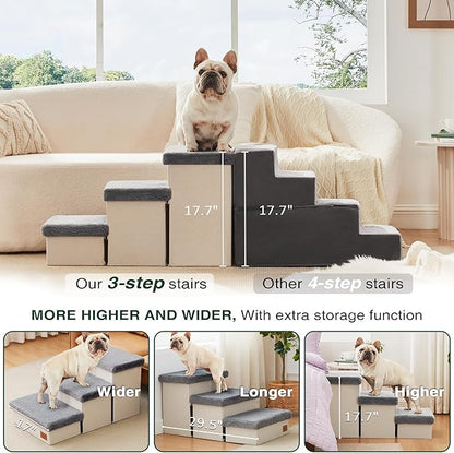 Love's cabin Dog Stairs for High Bed 18" H,3 Steps with Furry Lids Pet Stairs for Small Medium Large Dogs,Foldable Cat Ramp with Zip up to 200 lbs,Grey