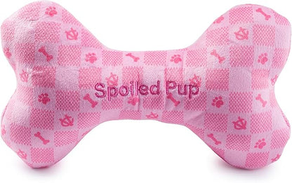 Haute Diggity Dog Pink Checker Chewy Vuiton Bone, Plush Designer Dog Toys with Interactive Squeaker, Stimulating Pet Enrichment, Machine-Washable & Safe Materials for All Breeds, Size XL