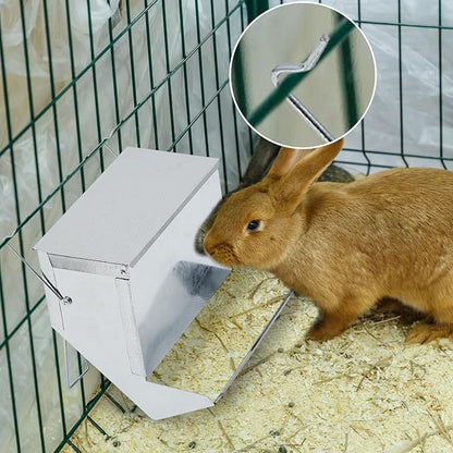 Maxcheck 2 Pcs Rabbit Feeder for Cages Small Animal Food Dispenser with Lid Metal Chicken Grit Oyster Shell Feeders Outside (7.7 Inches,Mesh Bottom,Silver)