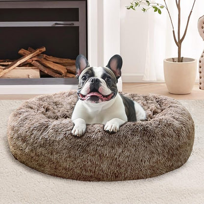 JOLLYVOGUE Small Dog & Cat Beds for Indoor Cats, Donut Cuddler Warming Soft Dog Beds with Anti-Slip Bottom, Round Calming Fluffy Plush Faux Fur Cushion Bed for Small Dogs (23", Smoke Brown)